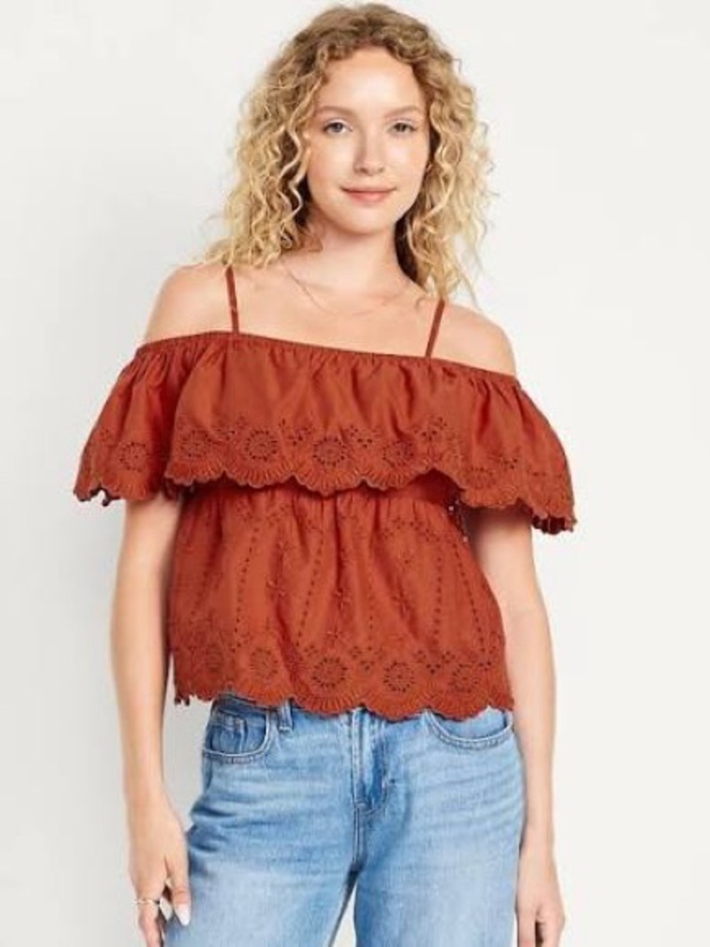 Off-Shoulder Cutwork Eyelet Ruffle Top Bronzed Amber Cropped 100% Cotton Size M